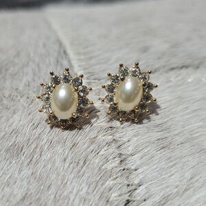 Roman Gold Tone, Gems and Pearl Cluster Post Earrings